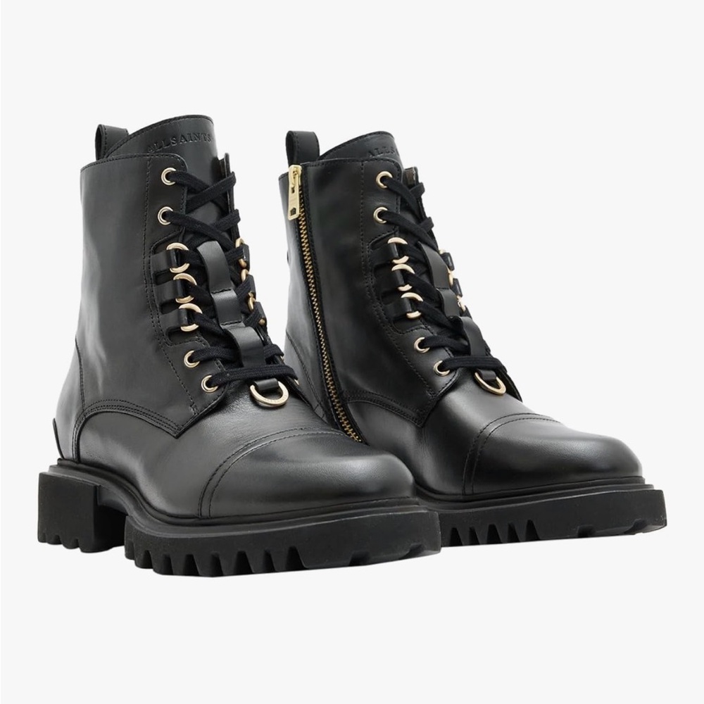 All Saints Black Leather Lydia Combat Boots - Picture 2 of 9
